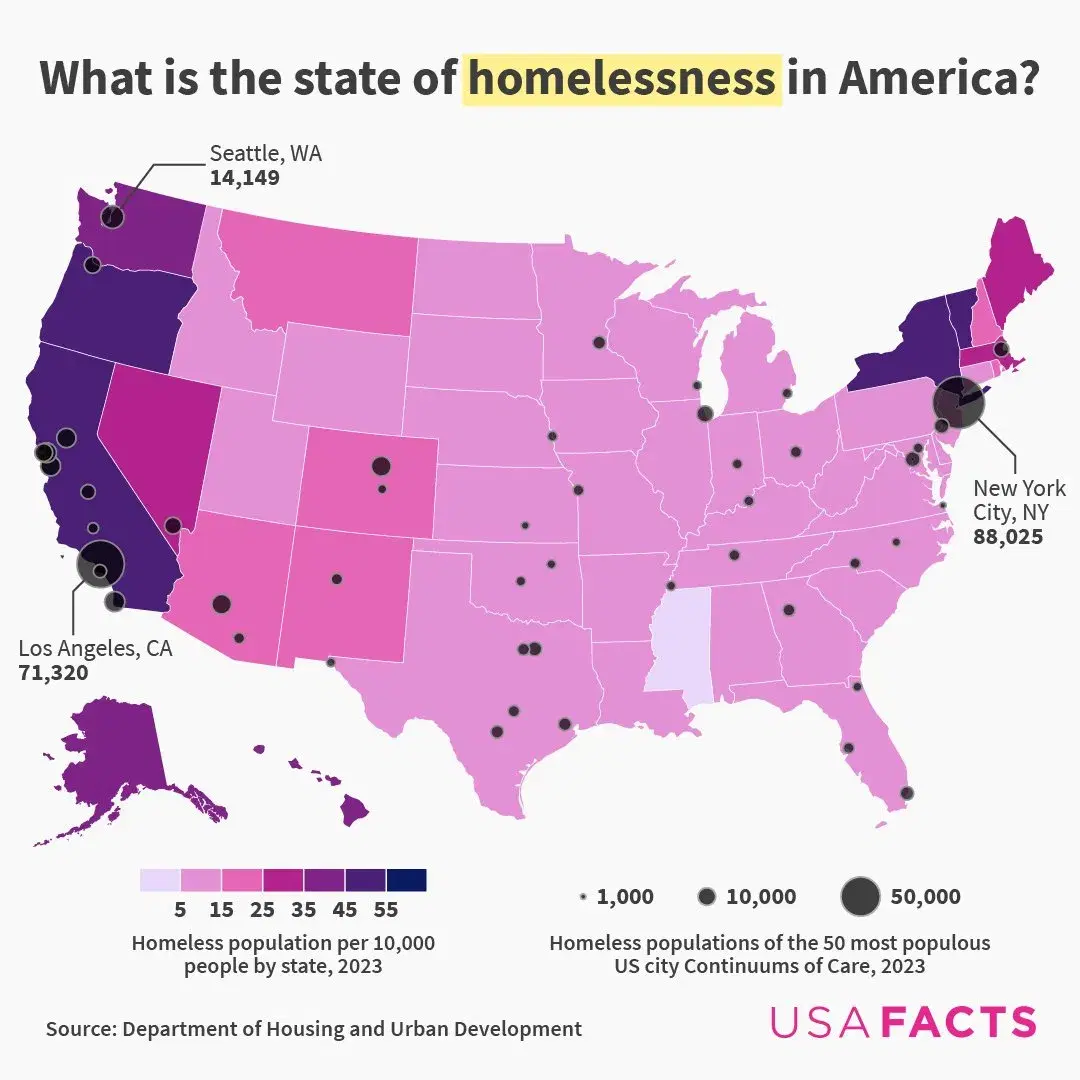 Which US cities have the largest homeless populations?