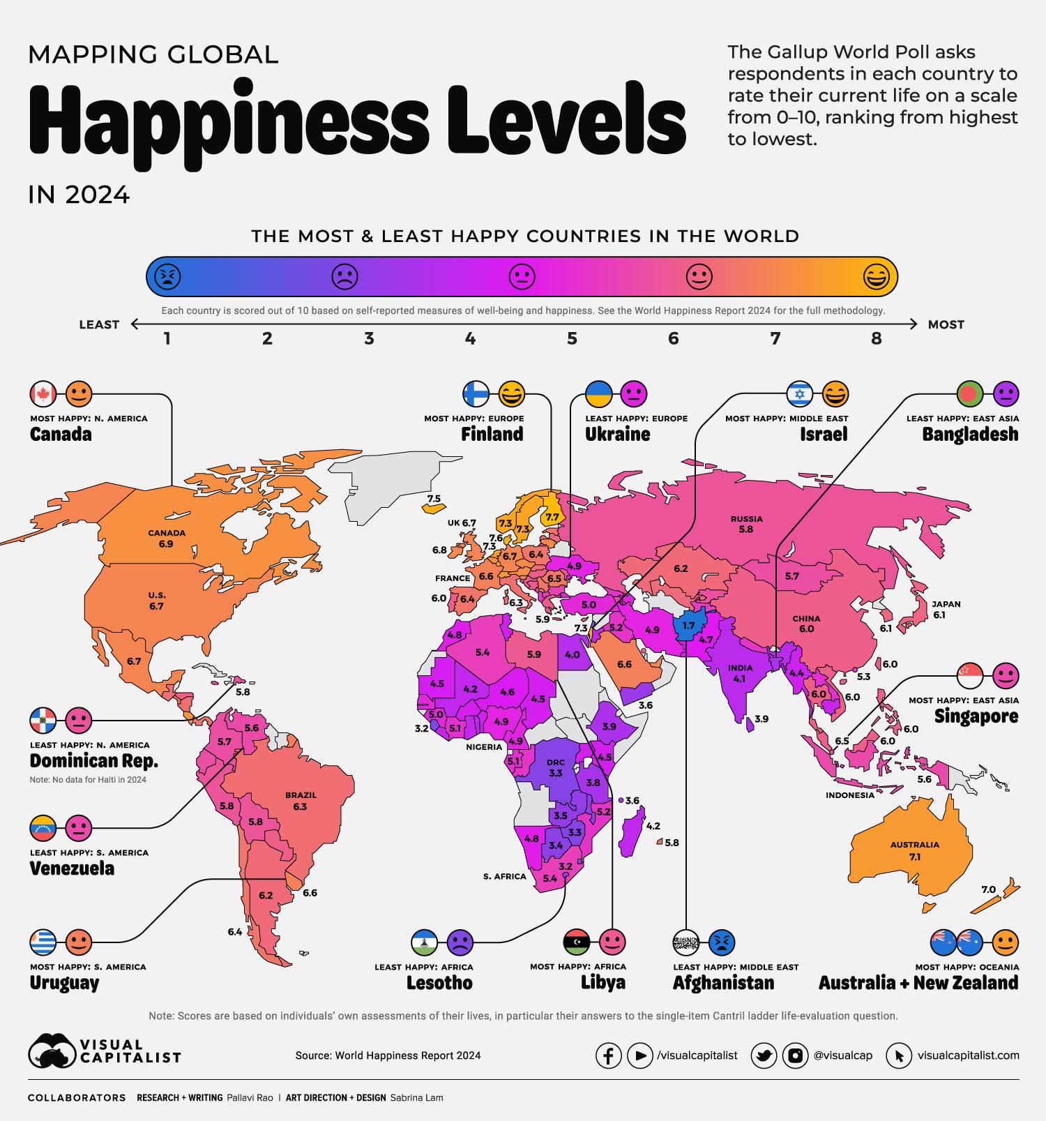 A Map of Global Happiness By Country in 2024