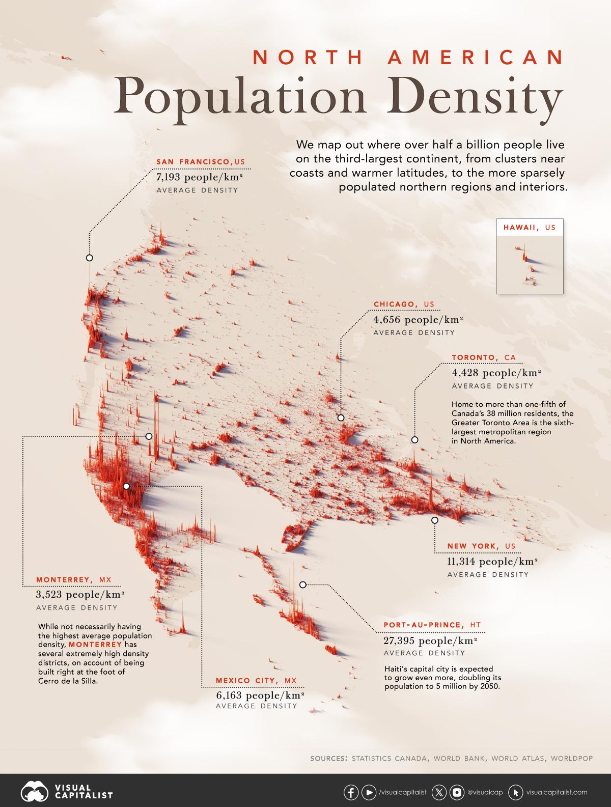 Mapped: North America Population Patterns by Density